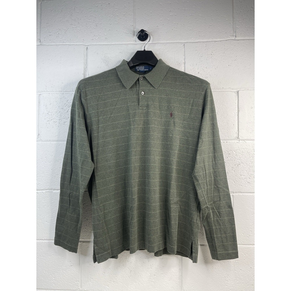 Ralph Lauren Polo Shirt Mens L Green Striped Long Sleeve Golf Rugby 100% Cotton